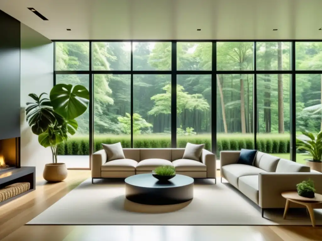 Diseño biofílico en interiores modernos: Sala de estar moderna y luminosa con vistas a un exuberante bosque verde a través de grandes ventanales