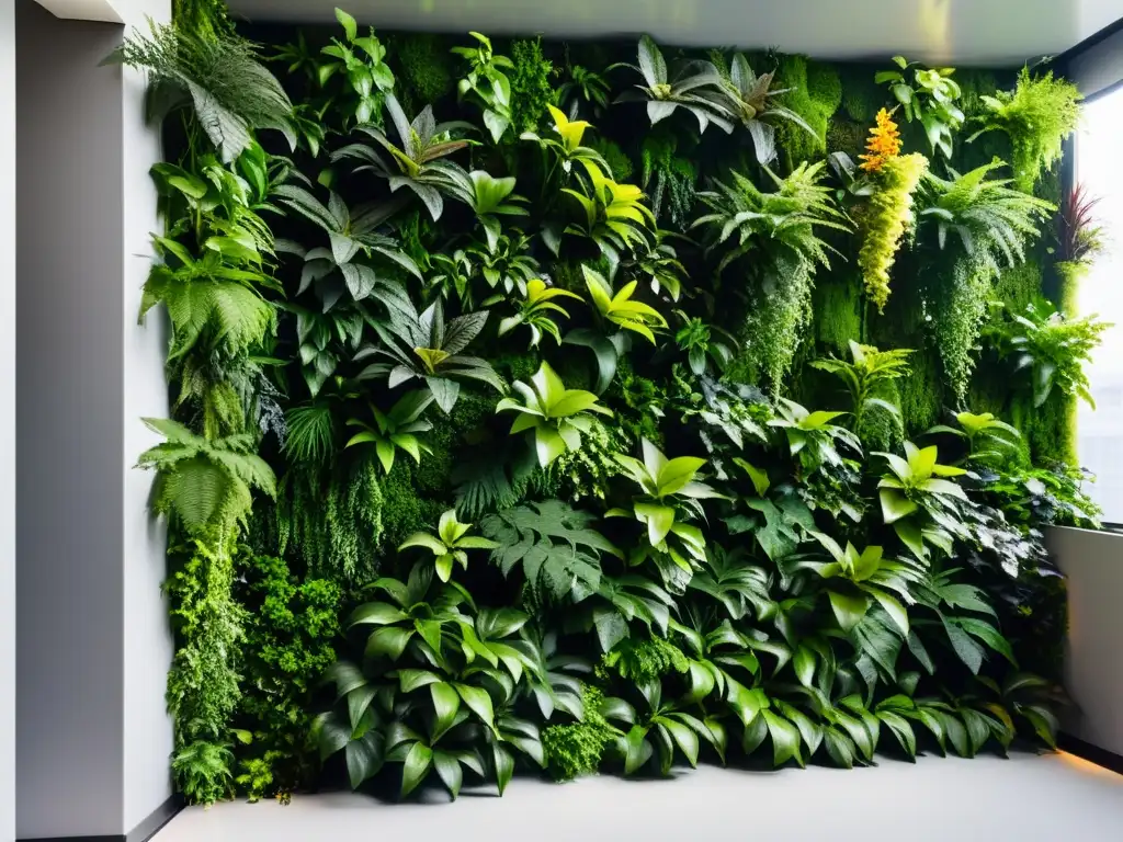 Diseño biofílico en interiores modernos: Un jardín vertical exuberante llena una oficina moderna y soleada, creando un contraste vibrante y natural con el diseño minimalista del espacio