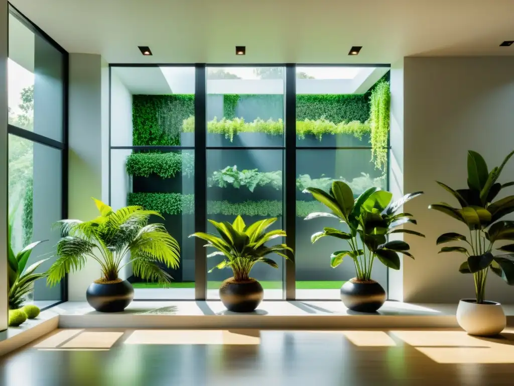 Diseño biofílico para plantas de interior: Espacio minimalista con ventana de piso a techo y plantas verdes en macetas modernas