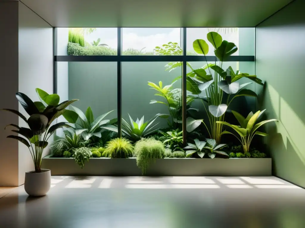 Diseño biofílico para plantas de interior: Imagen 8k detallada de un espacio sereno con ventana y plantas que crean armonía y tranquilidad