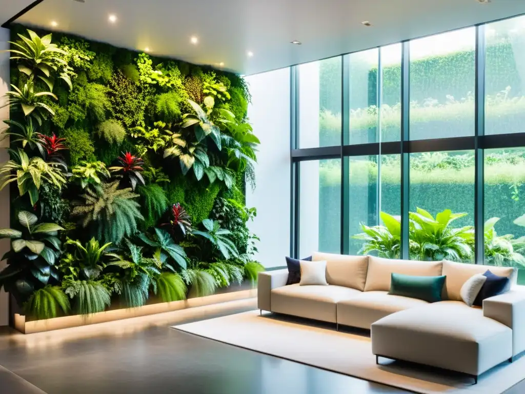 Diseño biófilo para interiores: Espacio interior minimalista con pared verde vibrante y luz natural