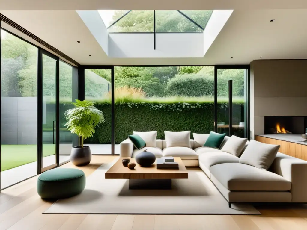 Diseño biófilo para interiores: Sala de estar moderna con grandes ventanas que dejan entrar luz natural y muebles minimalistas en tonos naturales