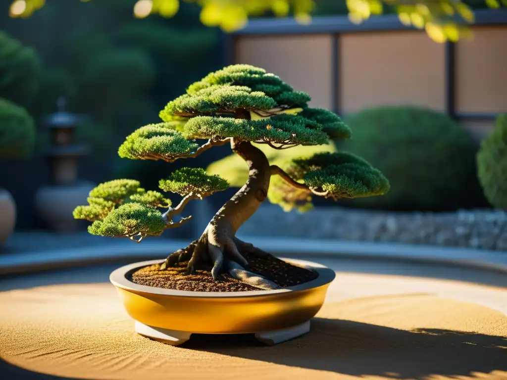 Un bonsái asiático bañado por la luz dorada del sol en un jardín japonés sereno, mostrando la exposición solar adecuada para bonsái