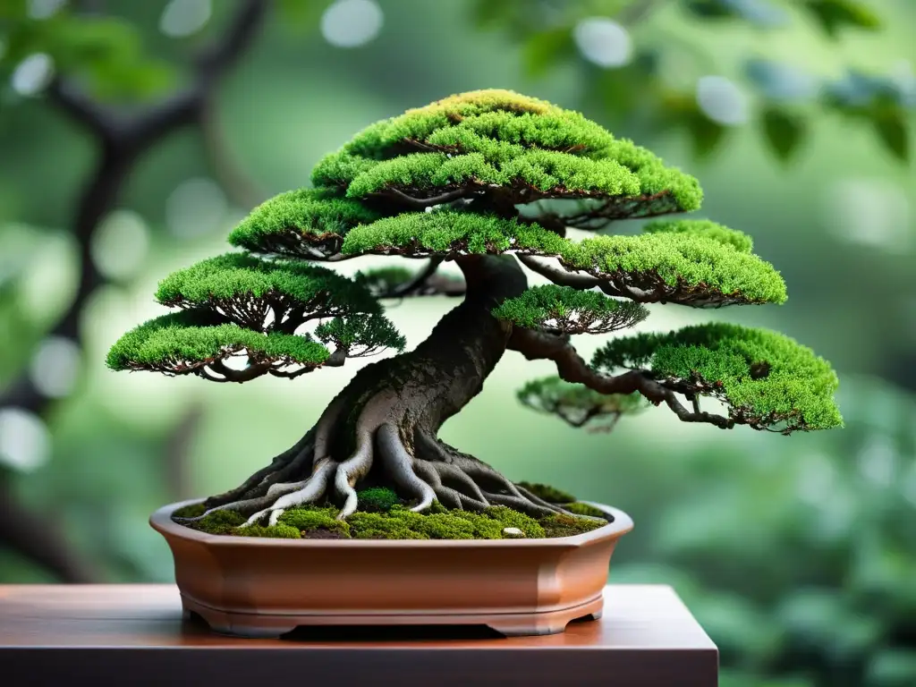 Bonsái asiático regalo: Detalle de un árbol cuidadosamente podado y moldeado, transmitiendo tranquilidad y belleza atemporal