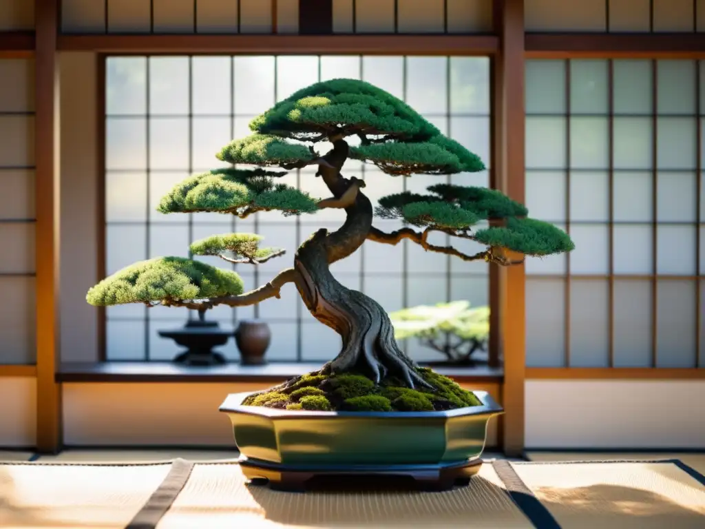 Un bonsái asiático cuidadosamente podado frente a un dojo japonés tradicional, con un maestro practicando artes marciales en el fondo