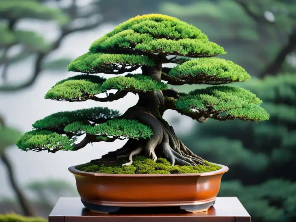 Bonsái: Arte y Serenidad en Detalle Un bonsái meticulosamente cuidado en un entorno sereno, evocando armonía y precisión