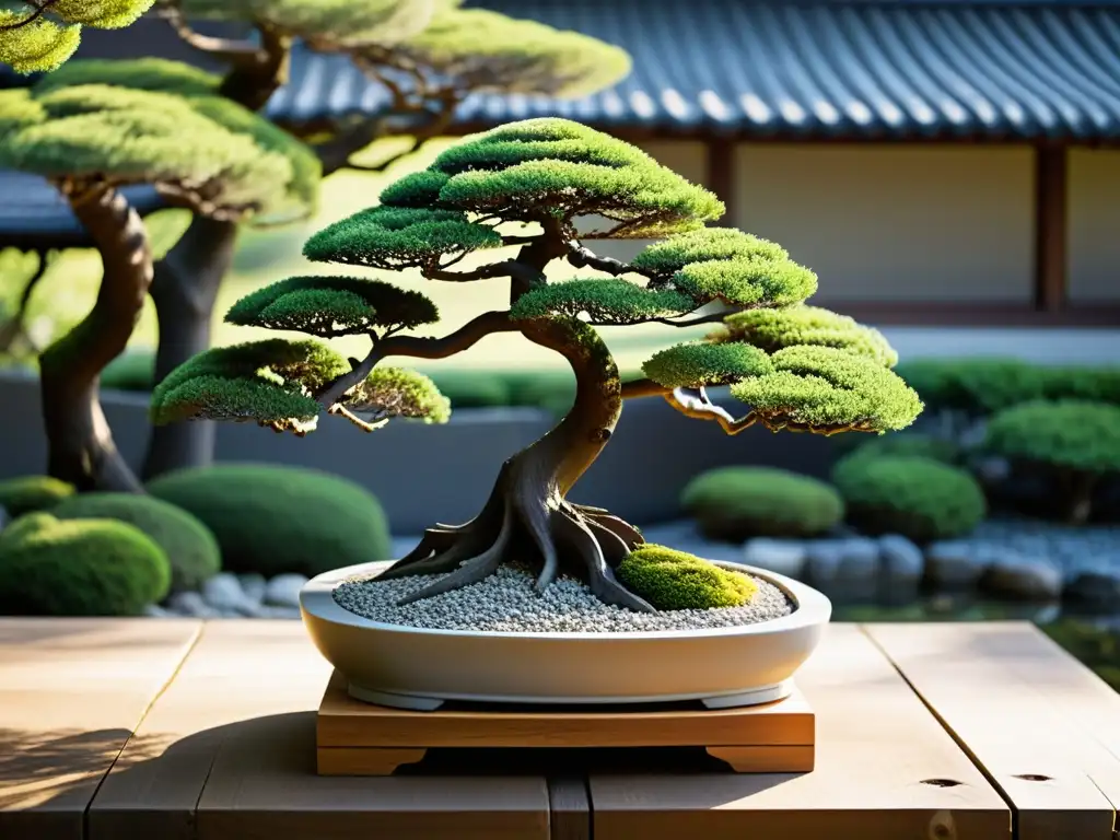 Un bonsái exquisito en un soporte de madera simple, en un jardín japonés sereno