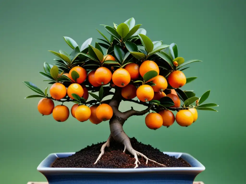 Un bonsái de frutas asiático, con naranjas diminutas y perfectas colgando de las delicadas ramas