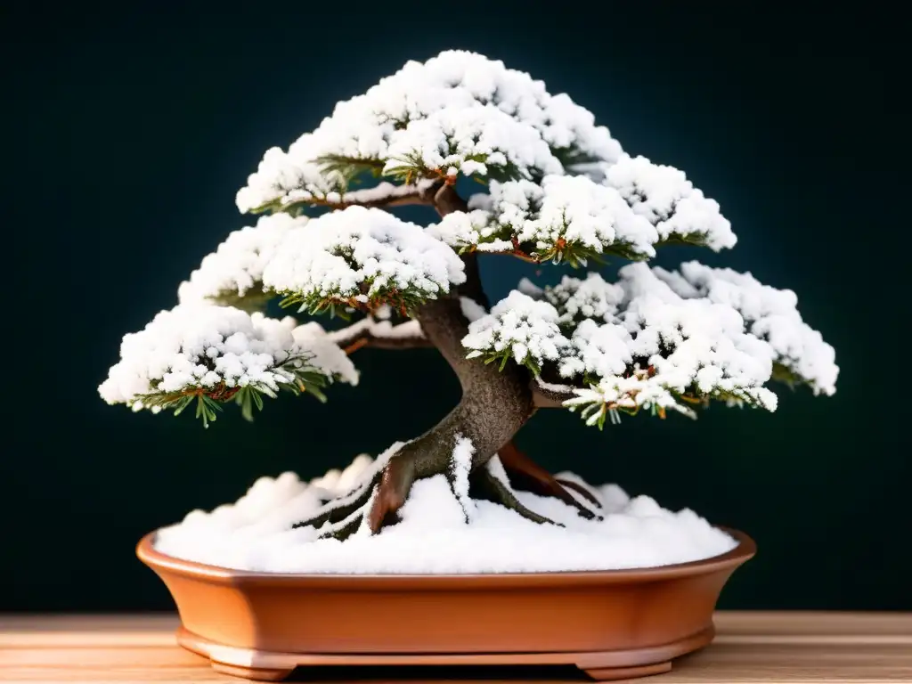 Un bonsái cuidadosamente podado cubierto de nieve, evocando la serenidad invernal