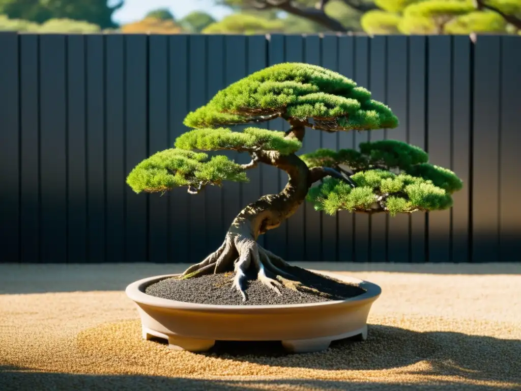 Un bonsái perfectamente podado en un jardín japonés, con equilibrio pH y nutrientes Bonsái, refleja armonía y precisión en cada detalle