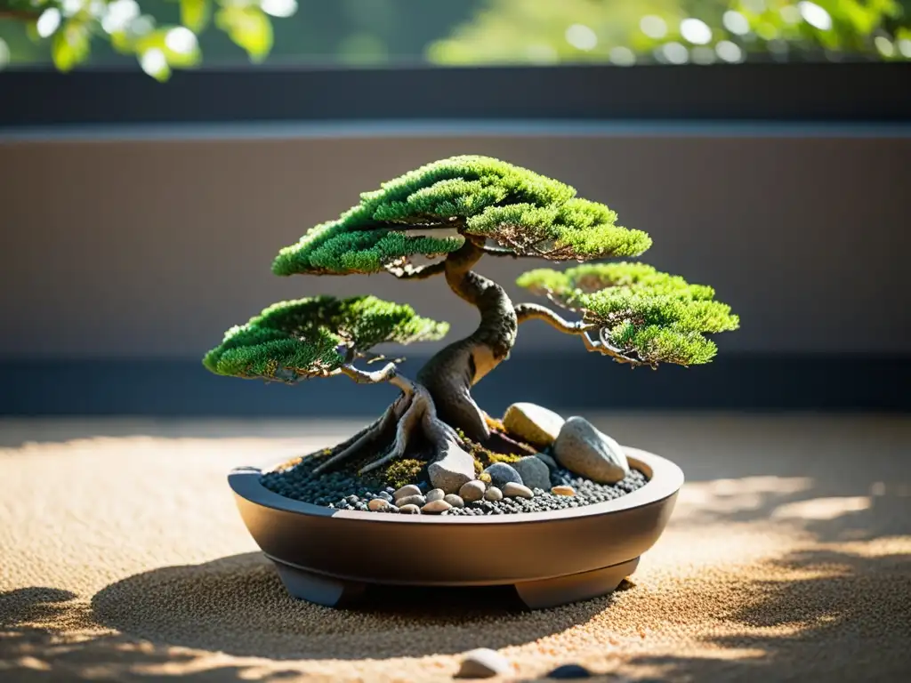 Un jardín zen con un bonsái cuidadosamente podado rodeado de rocas y grava