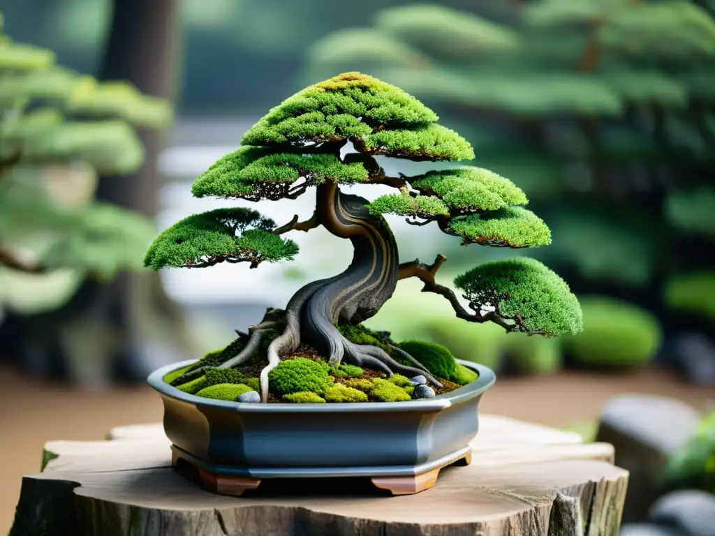 Un bonsái japonés perfectamente podado destaca en un tranquilo jardín zen