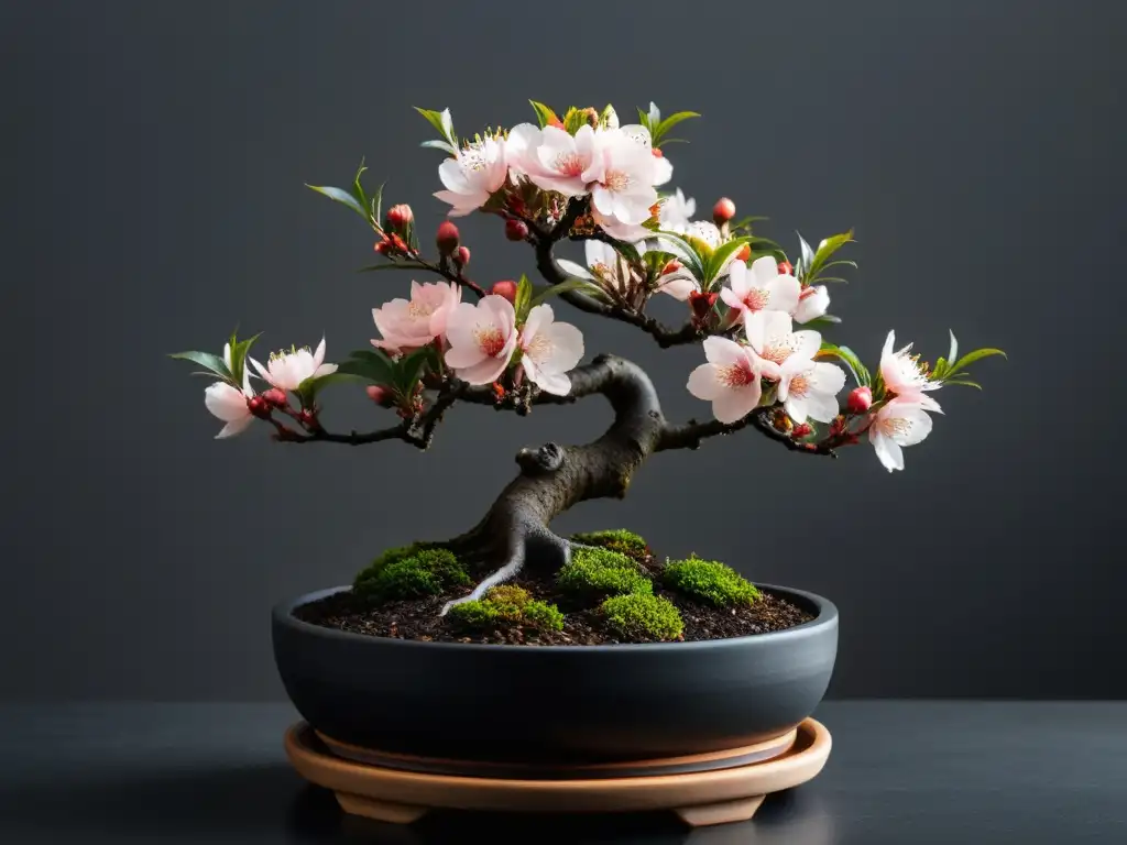 Bonsáis de flor para interior: Un delicado árbol de cerezo en plena floración, emanando serenidad y equilibrio