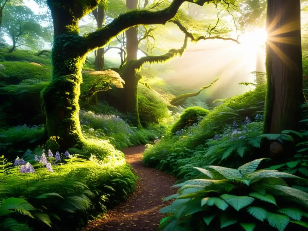 Un bosque encantado lleno de árboles altos, flores silvestres y enredaderas, bañado por la suave luz dorada entre el dosel