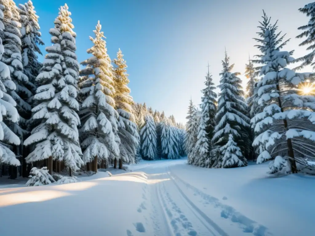 Un bosque nevado con árboles de hoja perenne se alza contra un cielo azul pálido