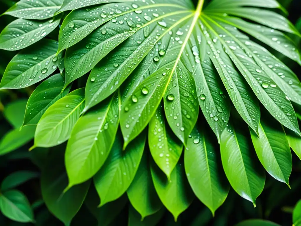 Brillantes hojas tropicales con gotas de agua, filtrando aire con plantas tropicales