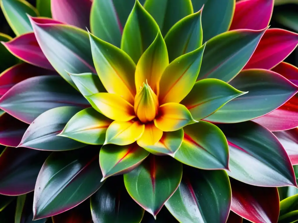 Bromelia de interior cuidados: Detalle de exuberante planta con hojas verdes, moradas y amarillas, y una llamativa flor rosada en el centro