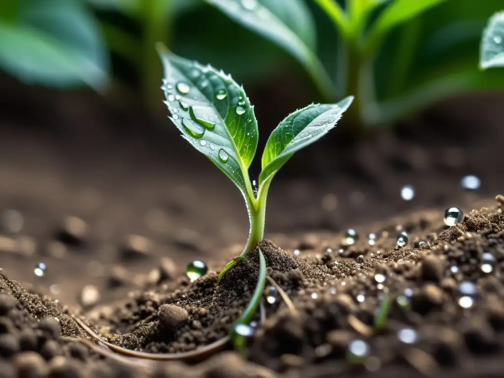 Un brote verde delicado emerge de la tierra con gotas de agua brillando en las hojas, documentar crecimiento plantas fotografías