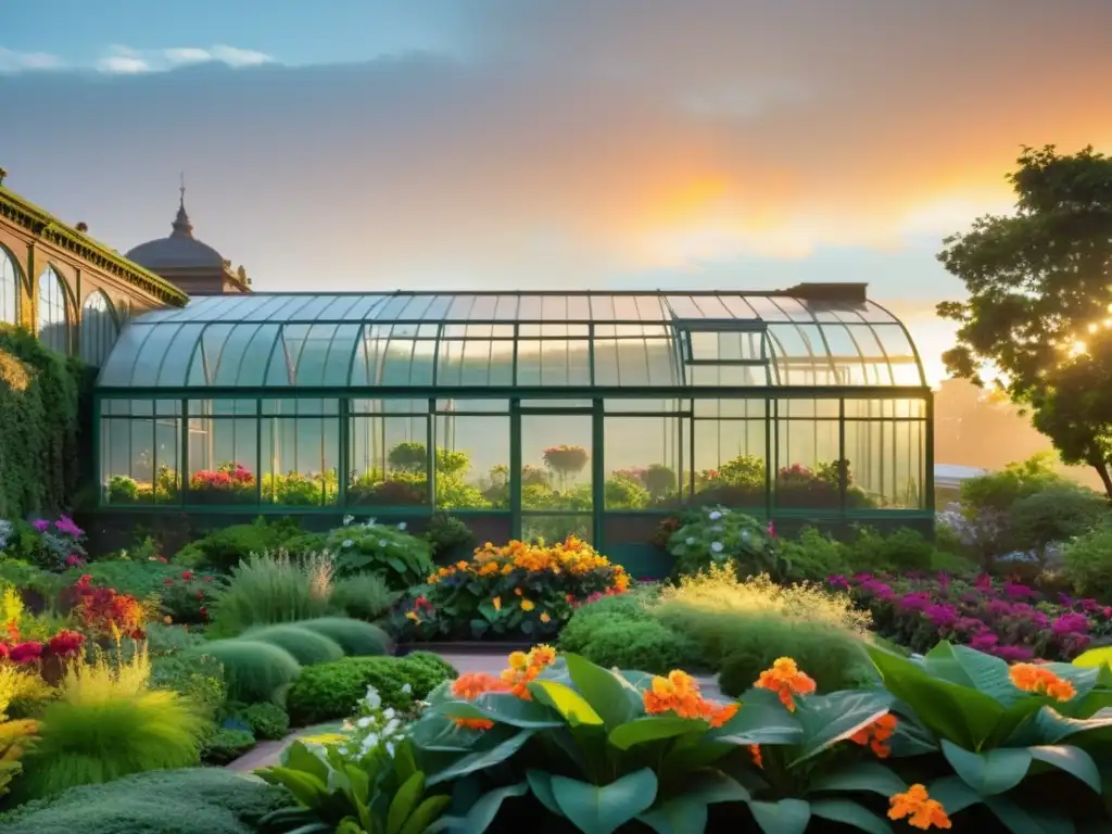 En la bulliciosa ciudad lejana, un invernadero oculto deslumbra con exótica flora y la luz cálida del atardecer