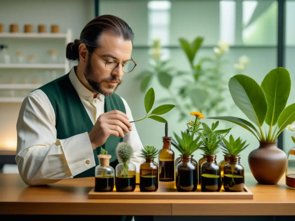 Búsqueda histórica plantas interior: Detallada imagen 8k de un botánico del siglo XVII examinando una nueva especie en su laboratorio minimalista