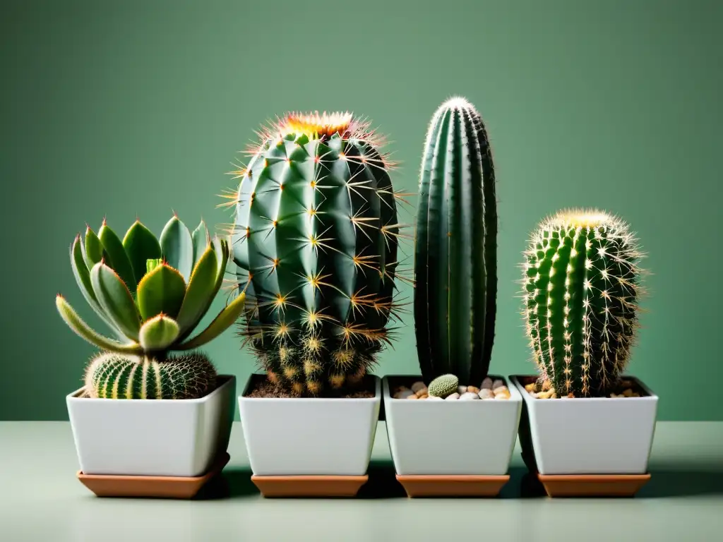 Cómo cuidar cactáceas en interiores: Imagen de cactus en modernos maceteros blancos, creando una composición sofisticada y tranquila