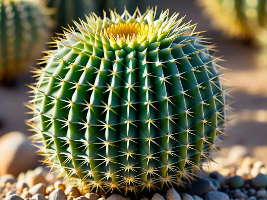 Un cactus dorado perfectamente simétrico en primer plano, con espinas intrincadas y un color verde vibrante