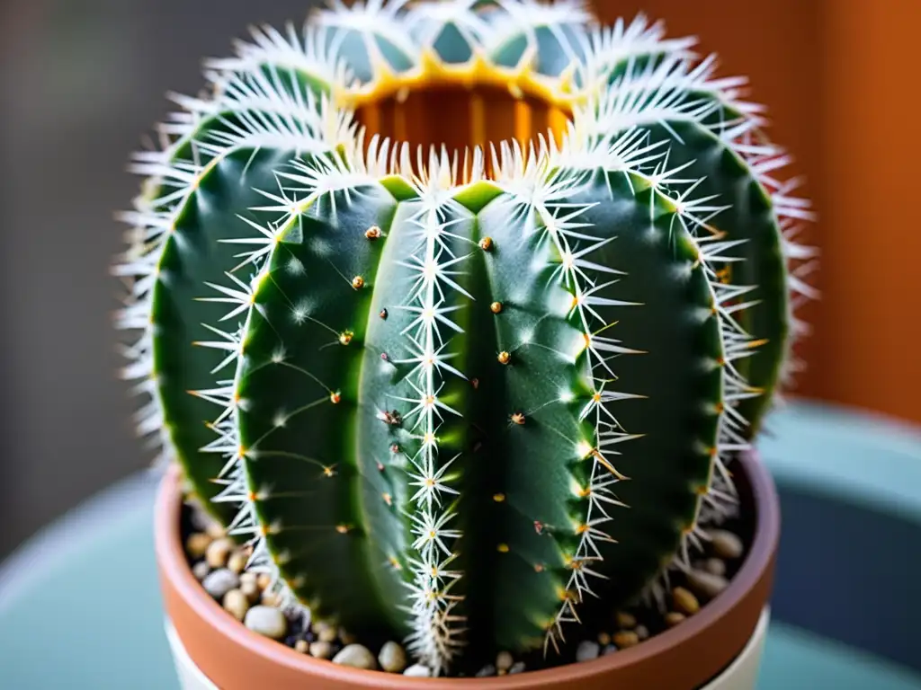 Un cactus exótico en un elegante macetero, resaltando sus patrones y texturas