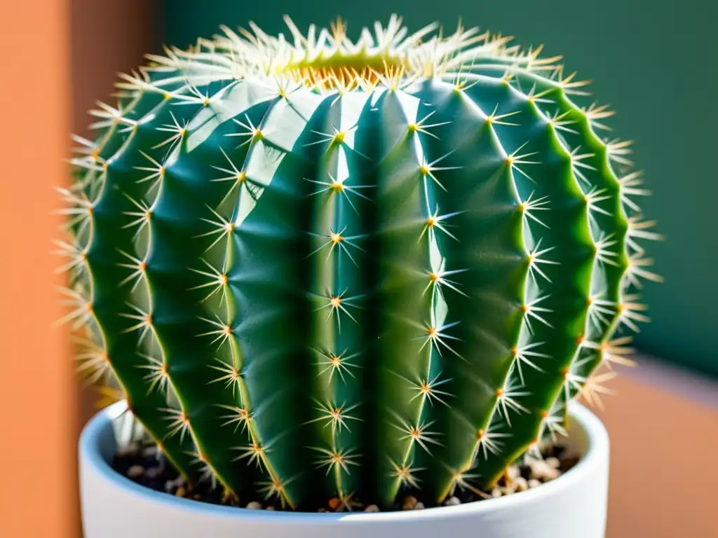 Un cactus exótico en una maceta blanca moderna, iluminado por luz natural, muestra patrones espinosos detallados