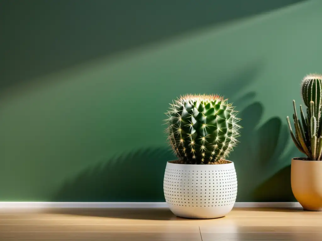 Un cactus exótico destaca en un moderno salón minimalista con luz natural