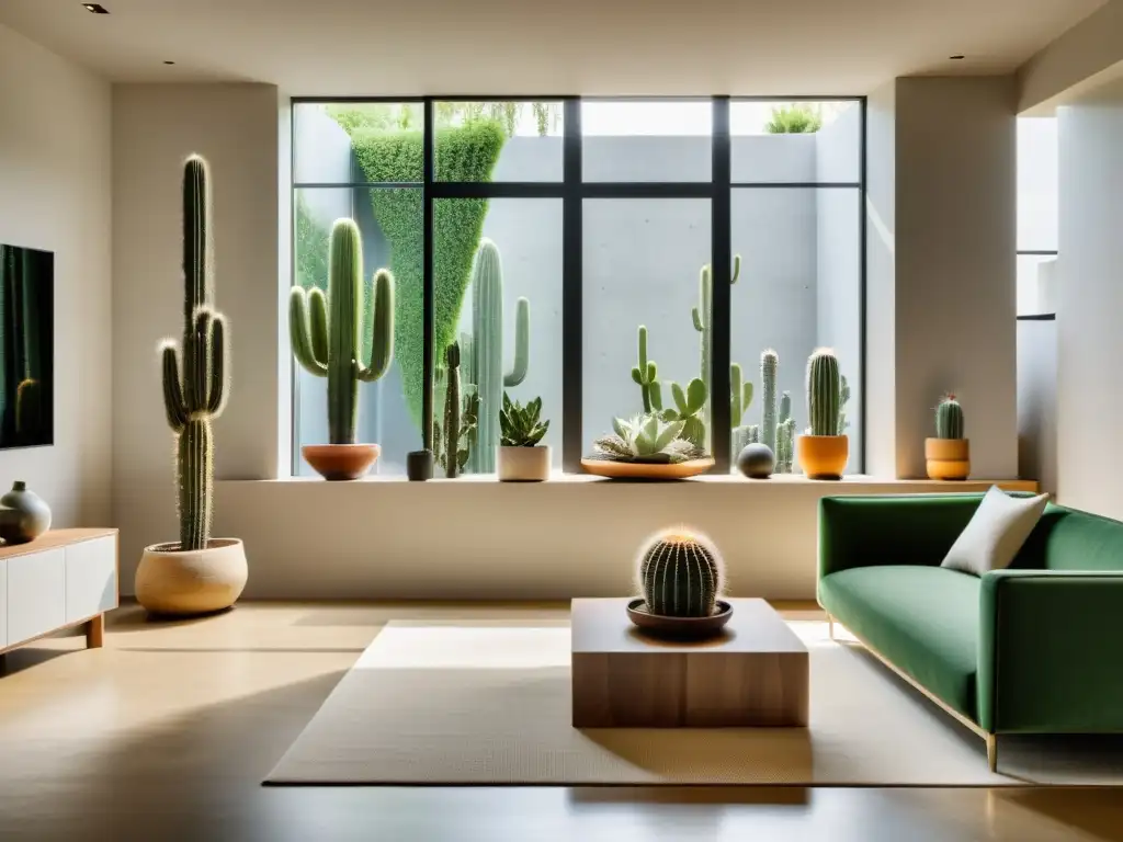 Cactus exóticos para interiores: Sala moderna con cactus en diseño minimalista y ventana grande, bañada en luz natural