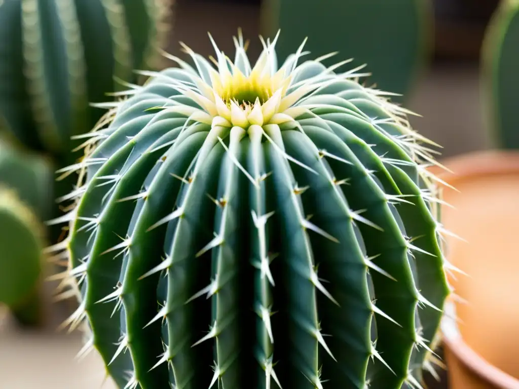 Cactus de interior con espinas largas y delicadas en vibrante verde sobre fondo beige