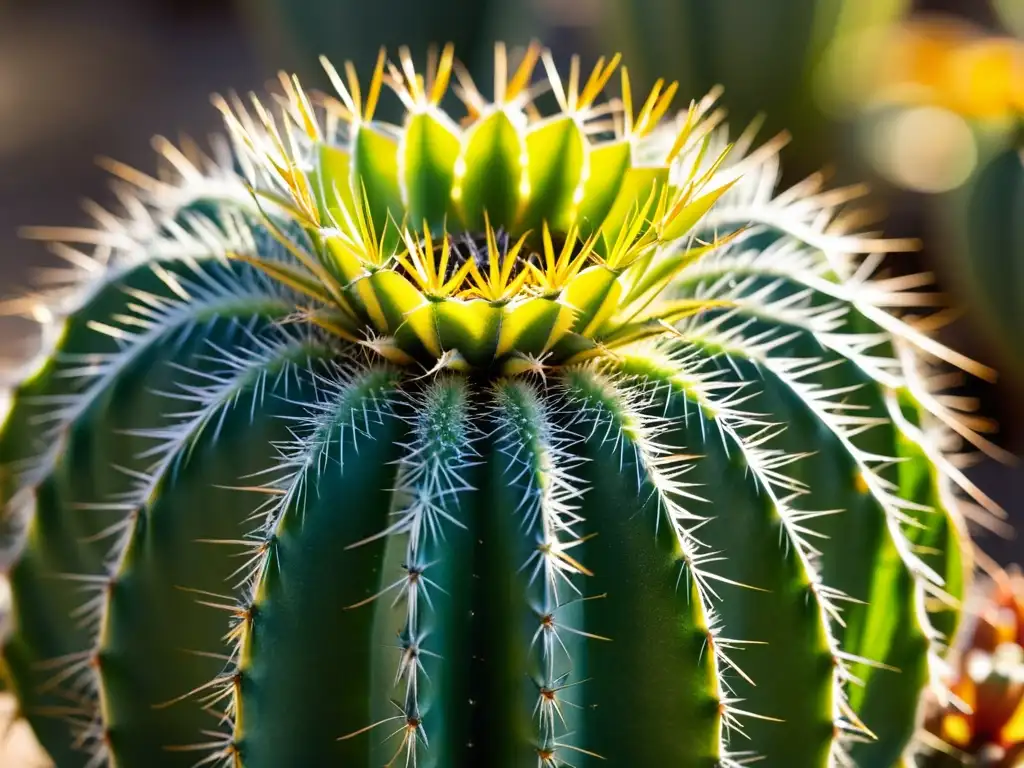 Un cactus redondo con espinas doradas y piel verde vibrante, destaca en un fondo neutro