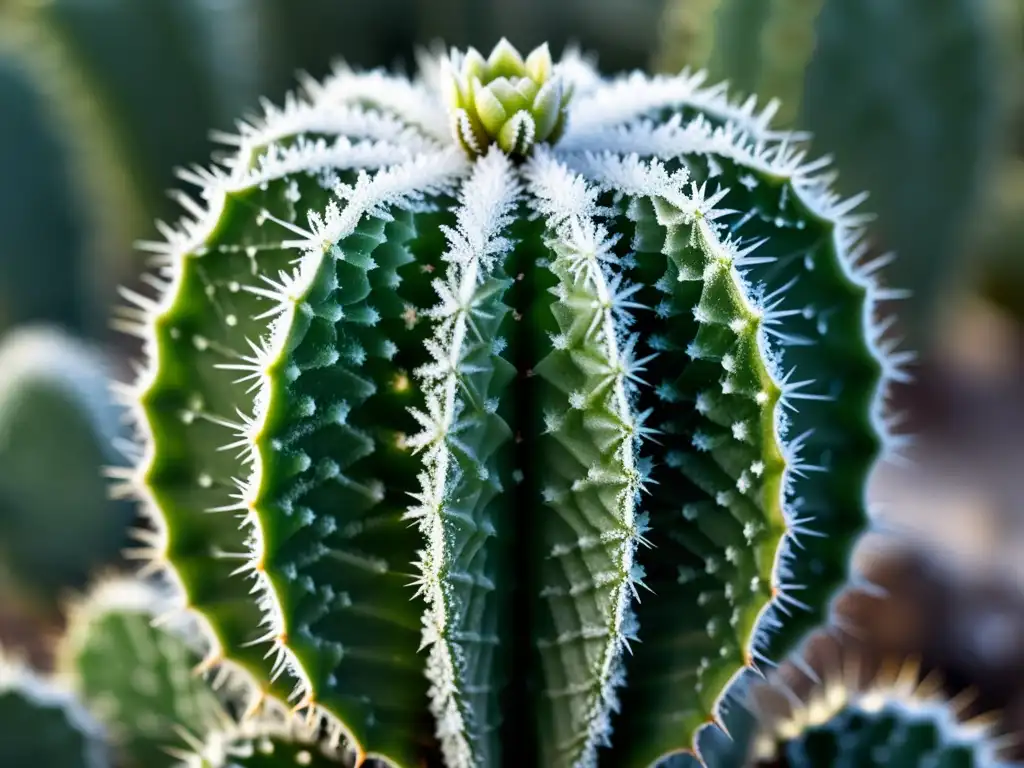 Un cactus verde cubierto de delicados cristales de hielo