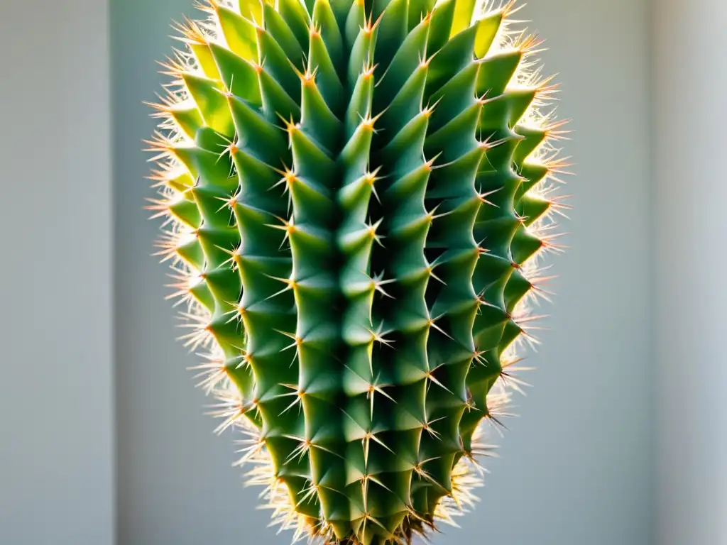 Un cactus verde vibrante con espinas largas y simétricas destaca en un fondo blanco