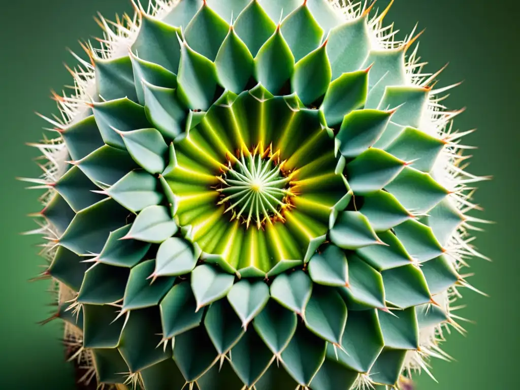 Un cactus verde vibrante con espinas intrincadas y simétricas, en un fondo minimalista