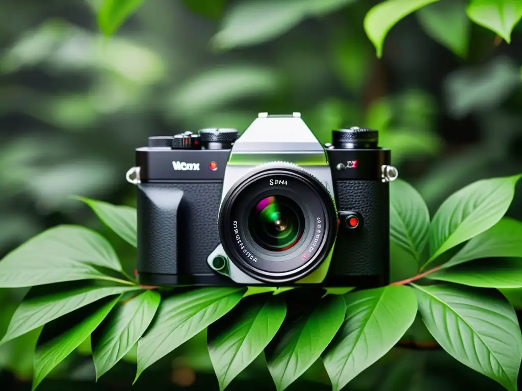 Una cámara moderna en un exuberante entorno verde, reflejando la sofisticación de las técnicas creativas de fotografía de plantas en interiores