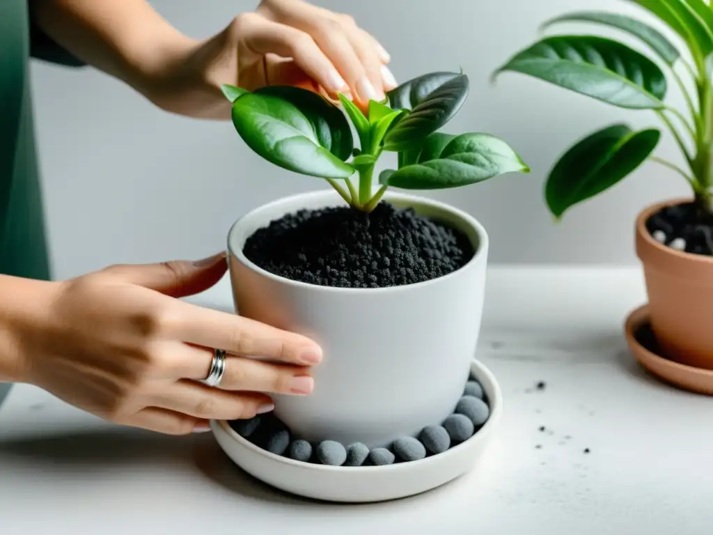 Cambio de suelo para plantas de interior: manos cuidadosas repotando una exuberante planta en una elegante maceta blanca