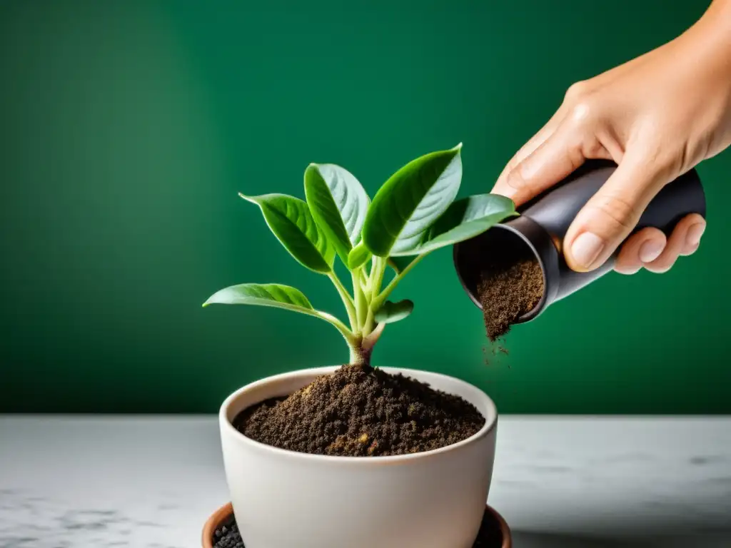 Cambio de suelo para plantas de interior: manos cuidadosas trasplantan una exuberante planta verde a una elegante maceta de cerámica