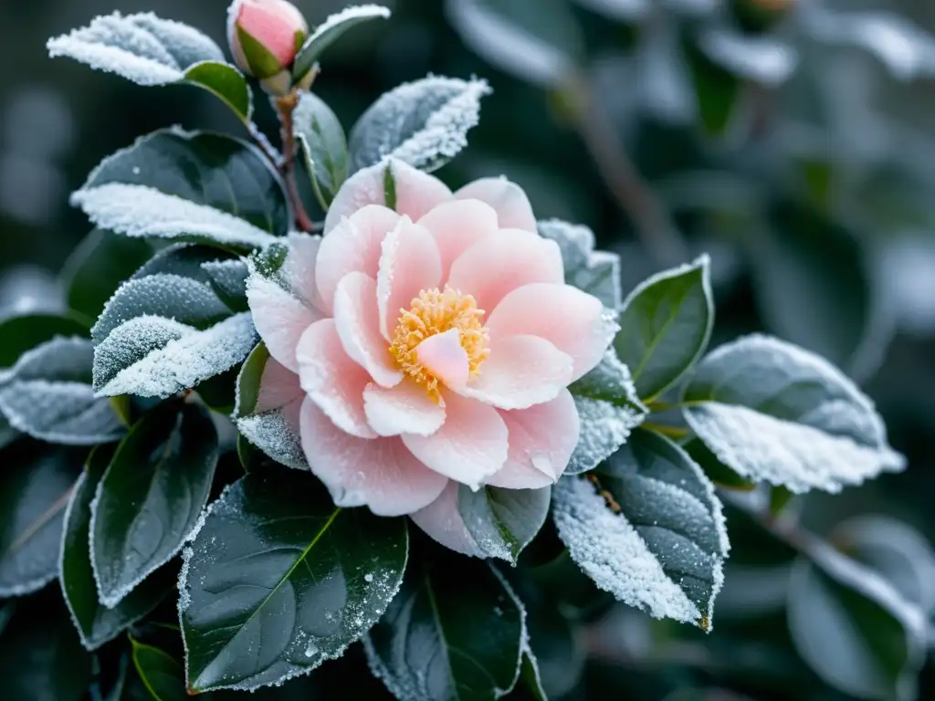 Una camelia rosa cubierta de escarcha en un ambiente sereno, perfecta para 'Plantas de flor para ambientes frescos'