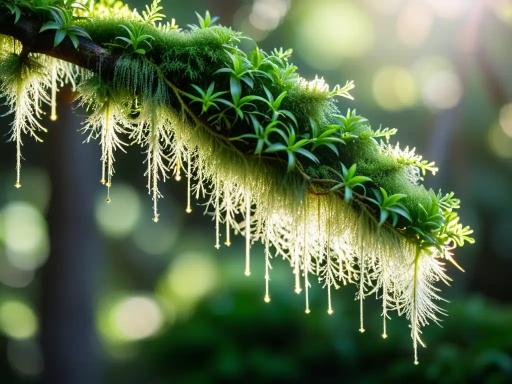 Captura de jardines colgantes de plantas aéreas en un bosque sereno con musgo español vibrante y textura delicada iluminada por el sol