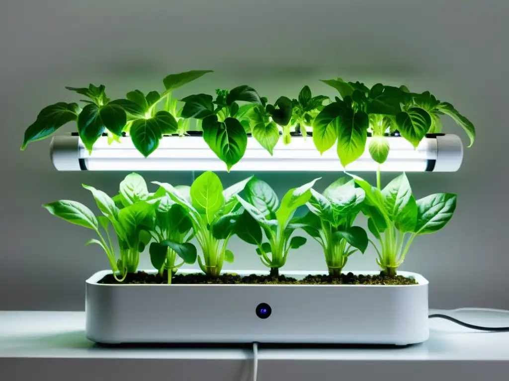 Jardín hidropónico en casa: Sistema de cultivo moderno con luces LED iluminando vegetales verdes vibrantes en agua