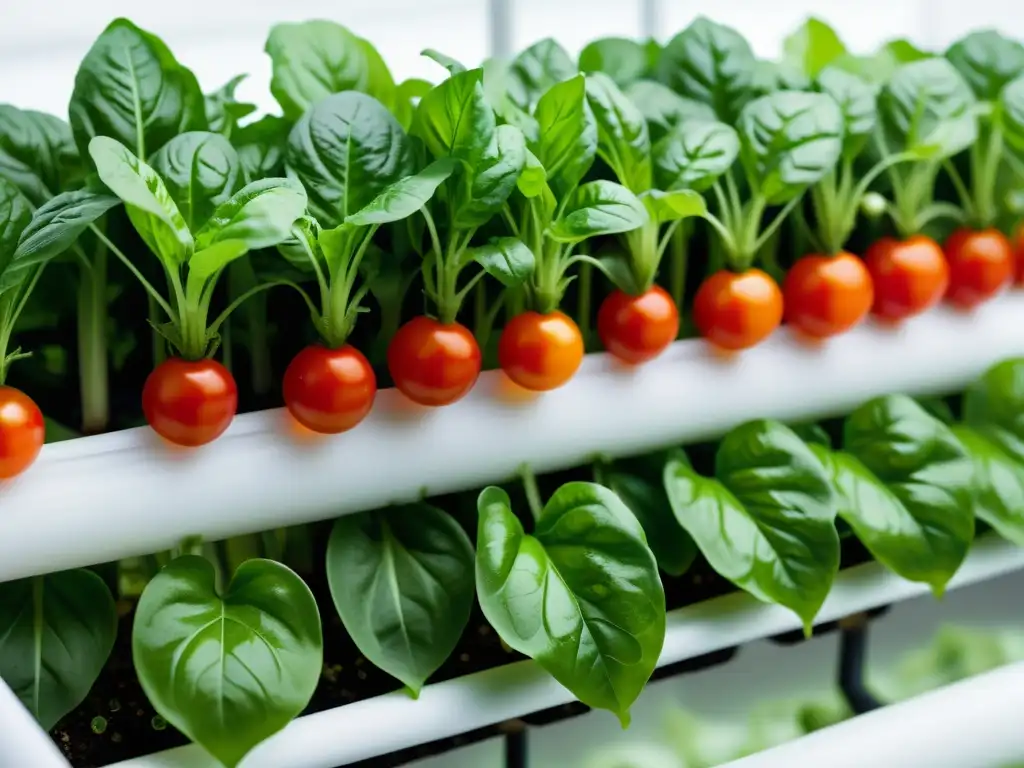 Un jardín hidropónico en casa con lechugas, albahaca y tomates en agua, sobre fondo blanco, muestra belleza natural y precisión