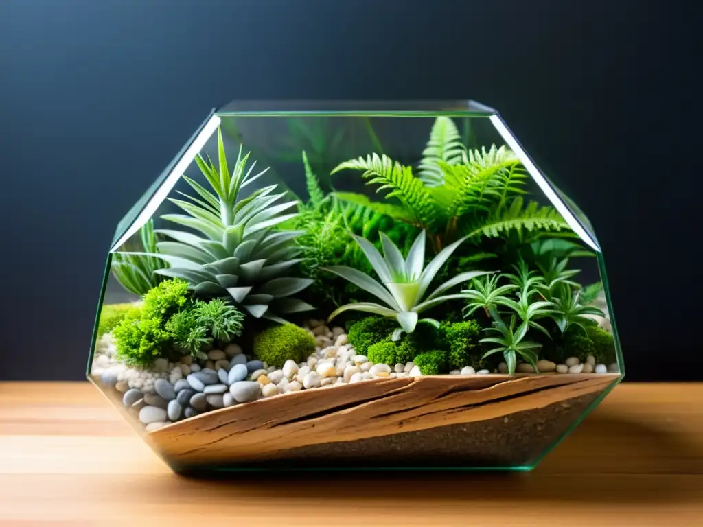 Un cautivador terrario verde, equilibrado y armonioso, con plantas de interior en un contenedor geométrico de cristal