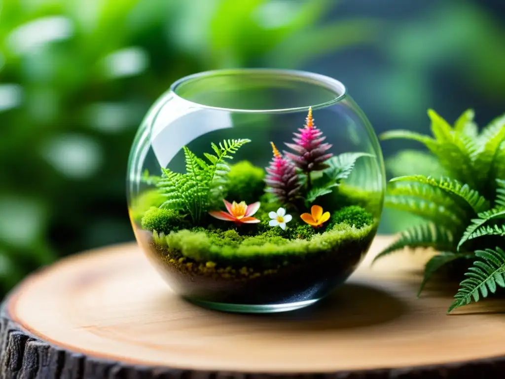 Un cautivador terrario con musgo verde vibrante, helechos en miniatura y flores coloridas, en un contenedor de vidrio transparente