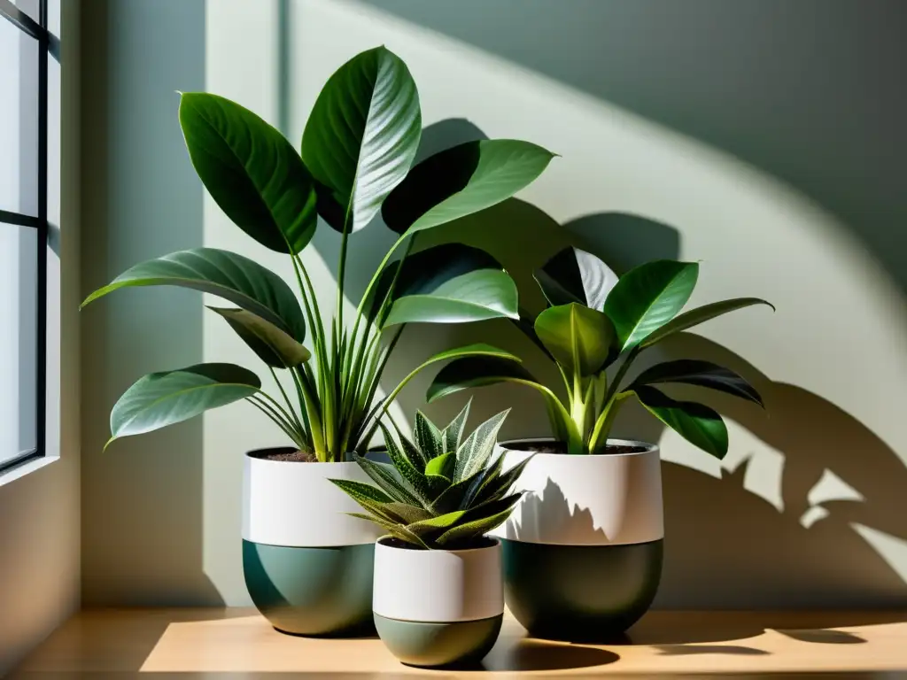 Una cautivadora imagen de plantas de interior minimalistas con follaje exuberante en macetas modernas