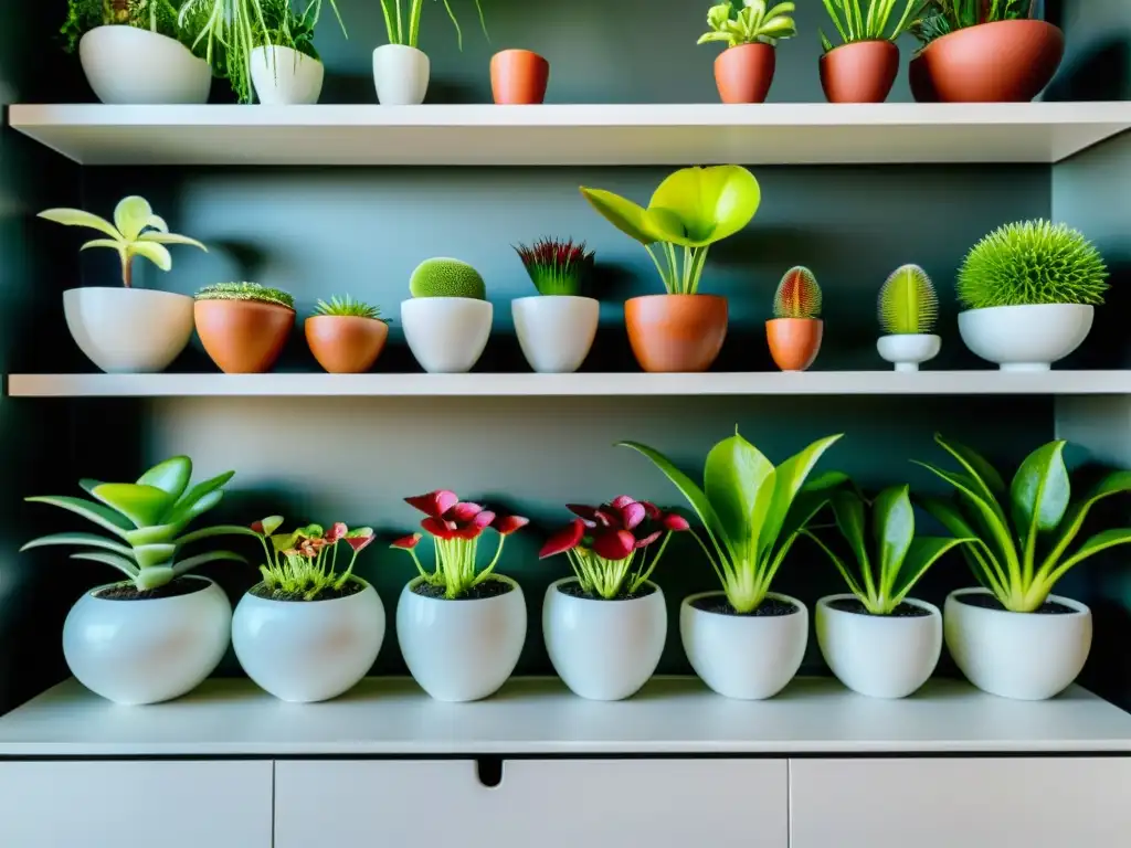 Cautivante sala moderna con exuberantes plantas carnívoras en macetas blancas, creando un ambiente sereno y sofisticado