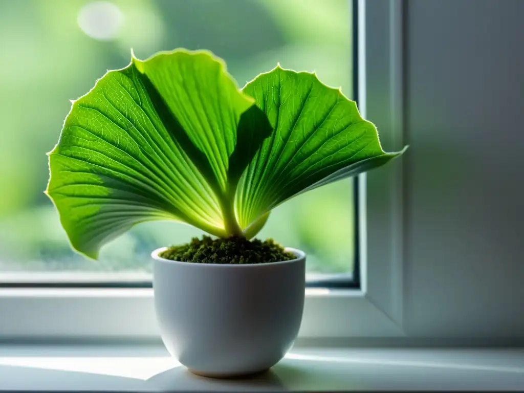 Cephalotus follicularis cuidados interiores: Detalle de planta en ventana blanca, hojas verdes y sombras suaves