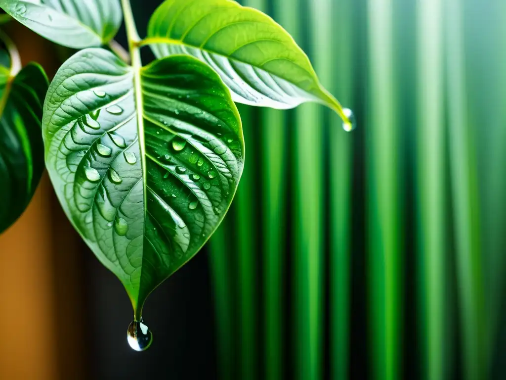 Fotografiando ciclo vida plantas interior: Detalle de planta de interior con gotas de agua en hojas verdes, iluminada suavemente por la luz filtrada