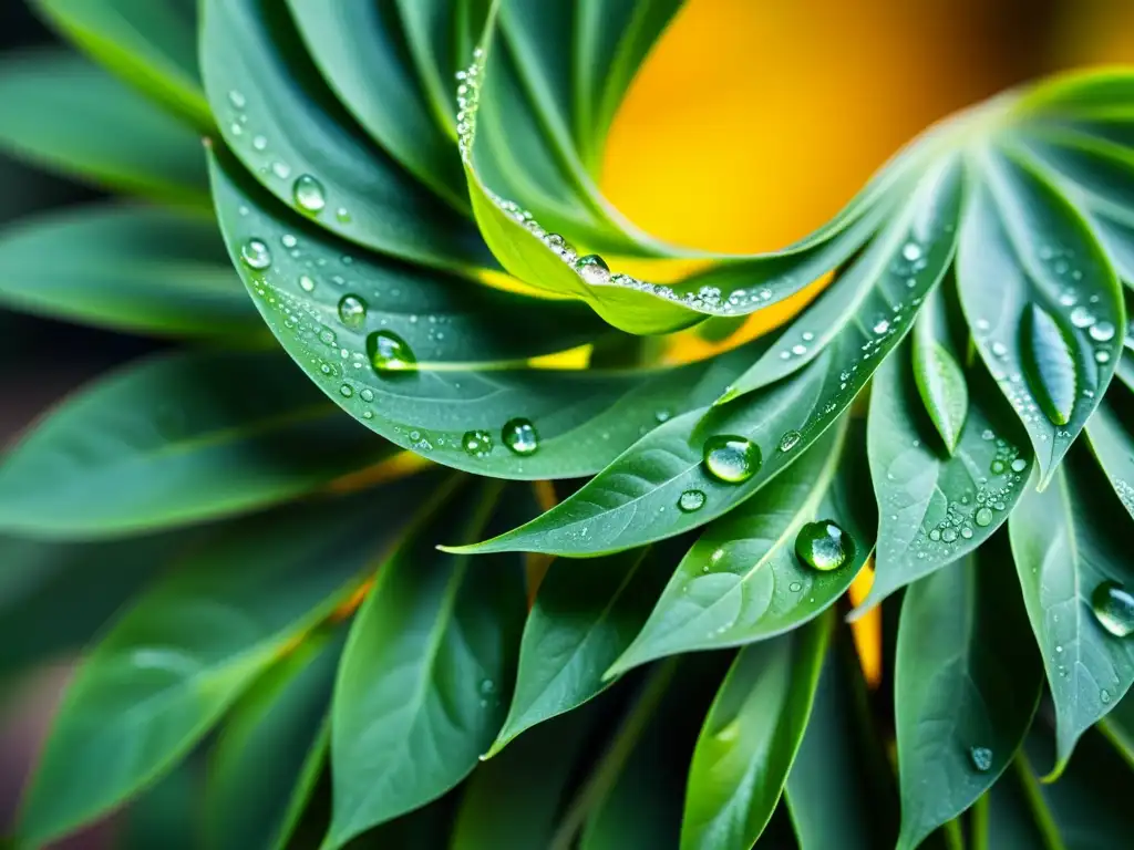 Fotografiando ciclo de vida de plantas en interior: hojas verdes en espiral con delicadas gotas de agua capturando la luz