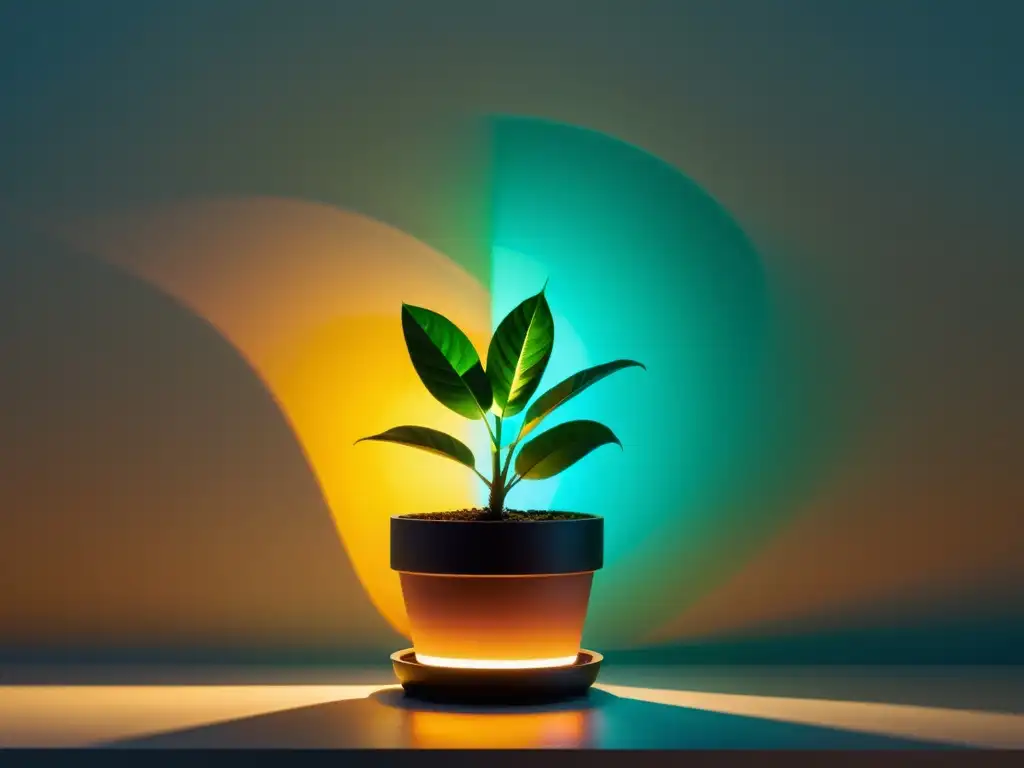 Ciclos de luz para plantas de interior: Ilustración minimalista de una planta en maceta, bañada en diferentes tonos de luz, simbolizando la sincronización de ciclos de luz para un óptimo crecimiento de la planta